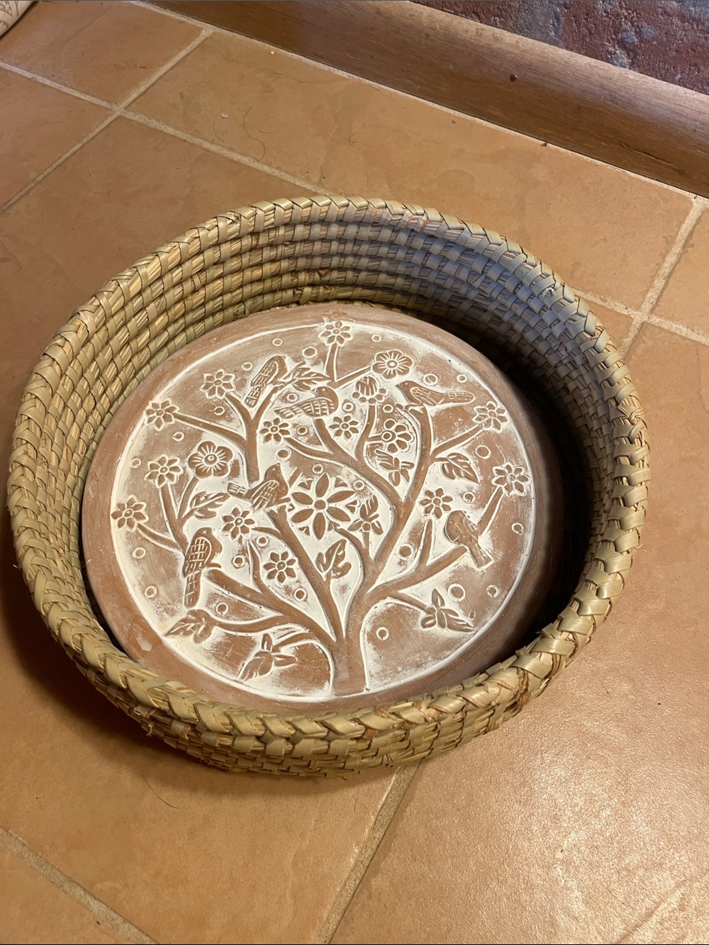 New Decorative Brown Terracotta bread warmer with Natural Woven Basket